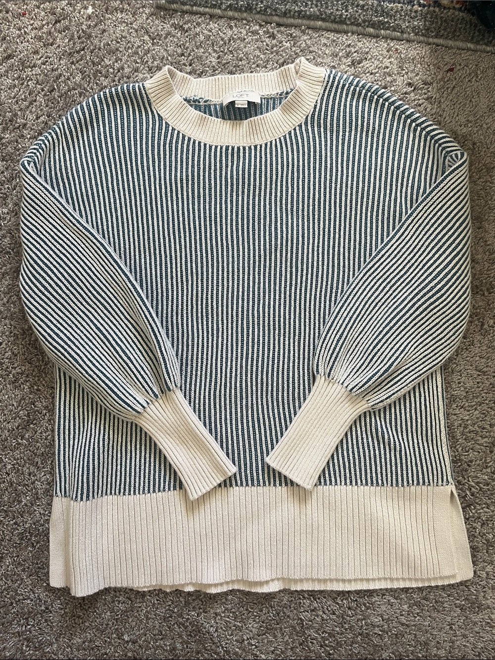LOFT Blue and Cream Striped Oversized Crewneck Sweater 100% Cotton